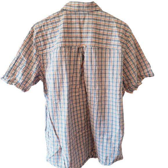 Chaps Shirt Mens L White Blue Plaid Seersucker Button Front Short Sleeve Logo - Picture 2 of 4